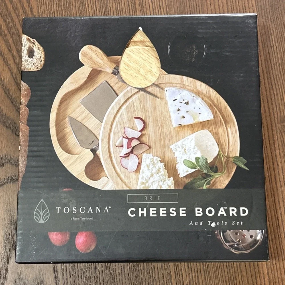 Toscana Wood Cheese Board Round Acacia Brie Tools Knife Set‎ Charcuterie 7 Inch